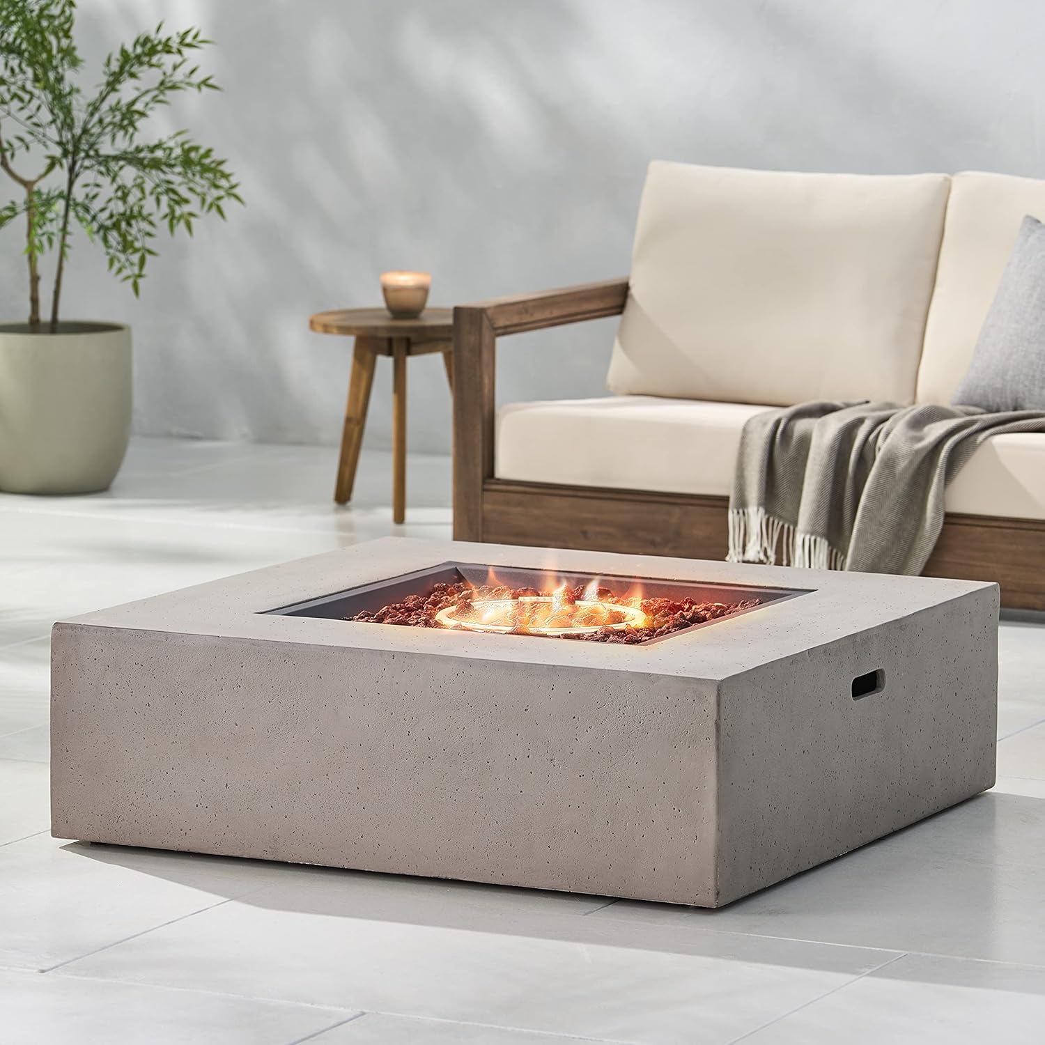 Penau 50,000 BTU Square Outdoor Fire Table, Light Grey Magnesium-Oxide Stone-Look, Propane Fire Pit Table with Lava Rock Basin, 40 x 40 x 12.5 Inchs