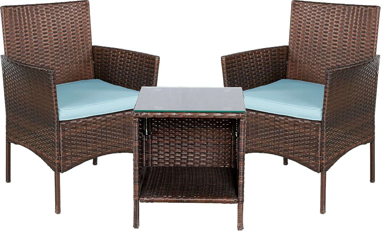 BTEXPERT Outdoor Wicker Patio Conversation 3 Piece Bistro Set Garden Yard Porch Furniture Space Saving Rattan Two Chairs Cushions Side Storage Tempered Glass Table Brown 3pc Set