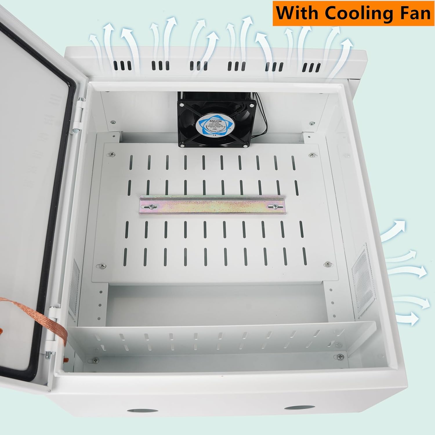 Outdoor Electrical Box with Cooling Fan 20'' x 16'' x 8'' Ventilation Design Electrical Enclosure Box IP65 Waterproof Electrical Cabinet Street Light Box with Wall Hanging and Pole Mounting Parts