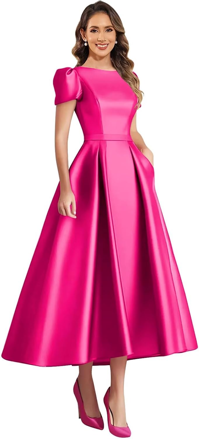 Mollyevers Formal Satin Mother of The Bride Dresses for Women Tea Length A Line Wedding Guest Dress with Sleeves