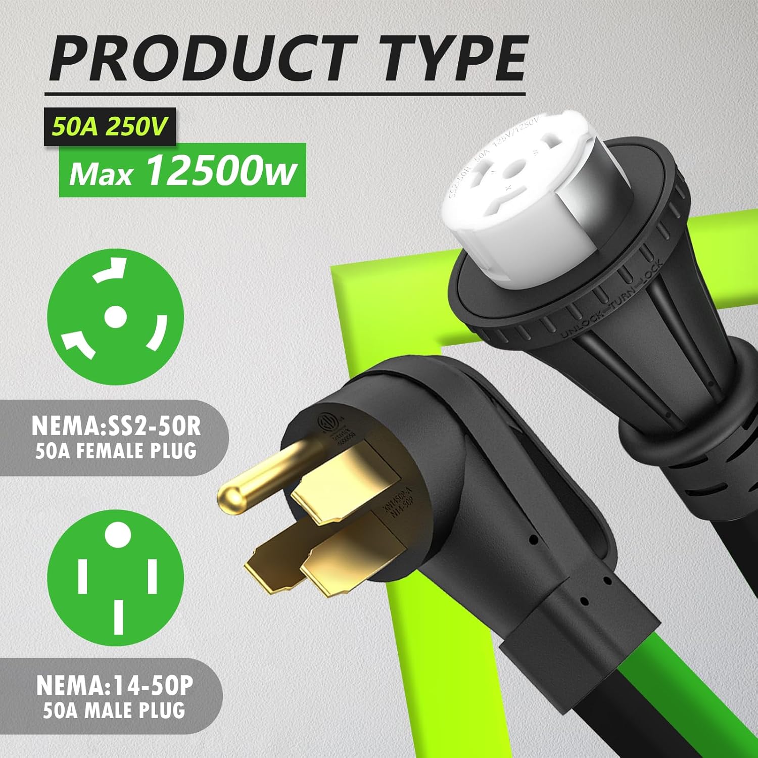 50 Amp 25 Feet RV Extension Cord, 14-50P to SS2-50R Heavy Duty STW Generator Extension Cord for RV Camper and Generator to House, with Locking Connector, ETL Listed (Black&Green)