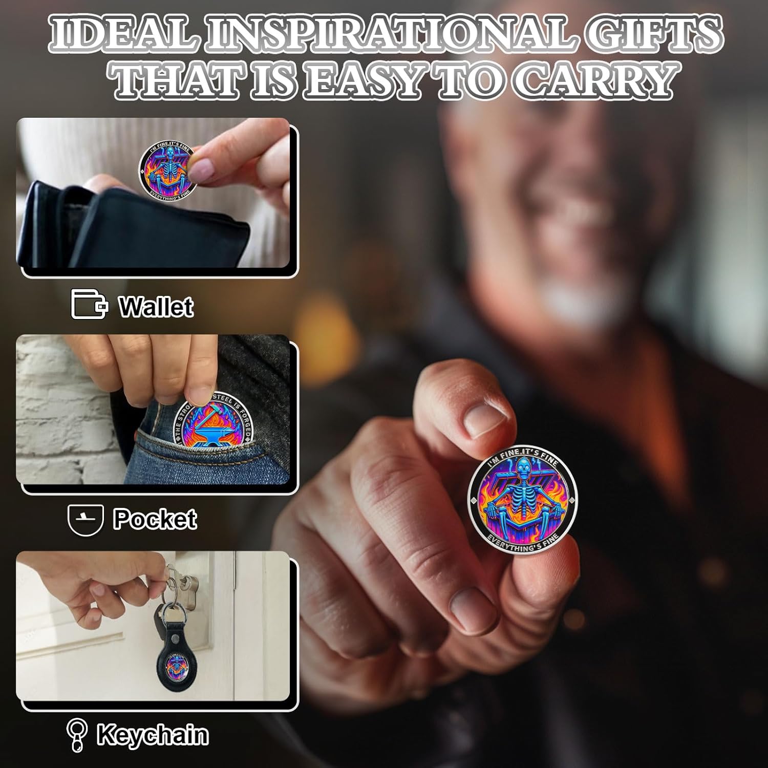 10Pcs Purple Flame Skeleton Dumpster Fire Coin, I'm FINE Dumpster Fire Challenge Coin - Funny Office Desk Accessories - Novelty Coins Pocket Token - Inspirational Office Gifts for Men Women