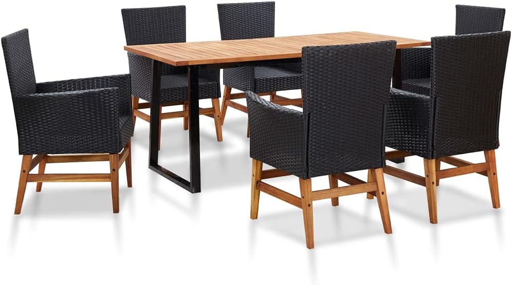 7 Piece Patio Dining Set Poly Rattan and Acacia Wood Black Garden Furniture