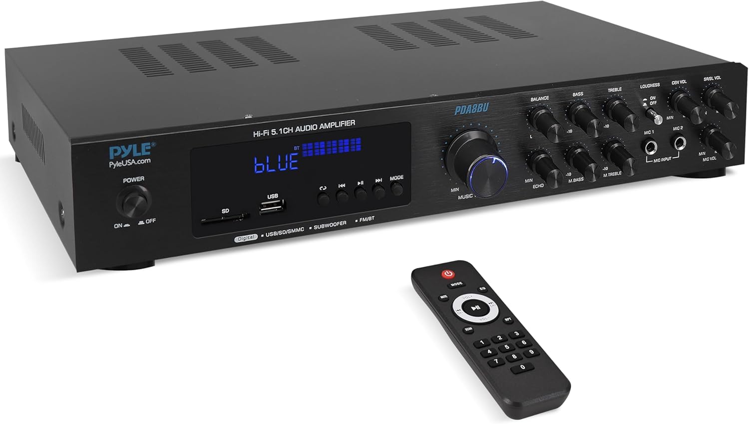 Pyle Bluetooth Audio Amplifier - Home Stereo Receiver with 5 Channels and Subwoofer Out - MP3/USB/SD - AUX - FM Radio - 2 Mic Inputs w/ Echo - VFD Display - Remote Control - PDA8BU