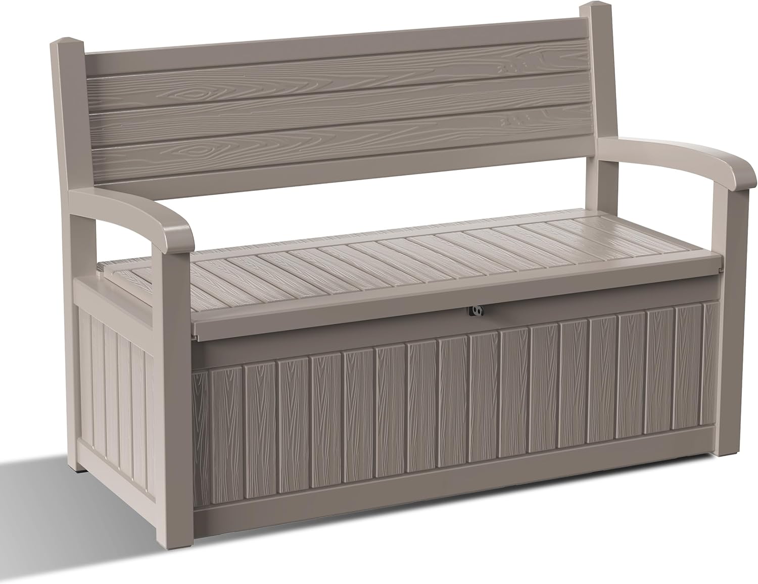 ROJIK 80 Gallon Storage Bench Deck Box Outdoor with Armrests,Wood Grain Style Resin Storage Furniture Waterproof Lockable for Porch Patio and Garden,Sturdy and Durable, Grey