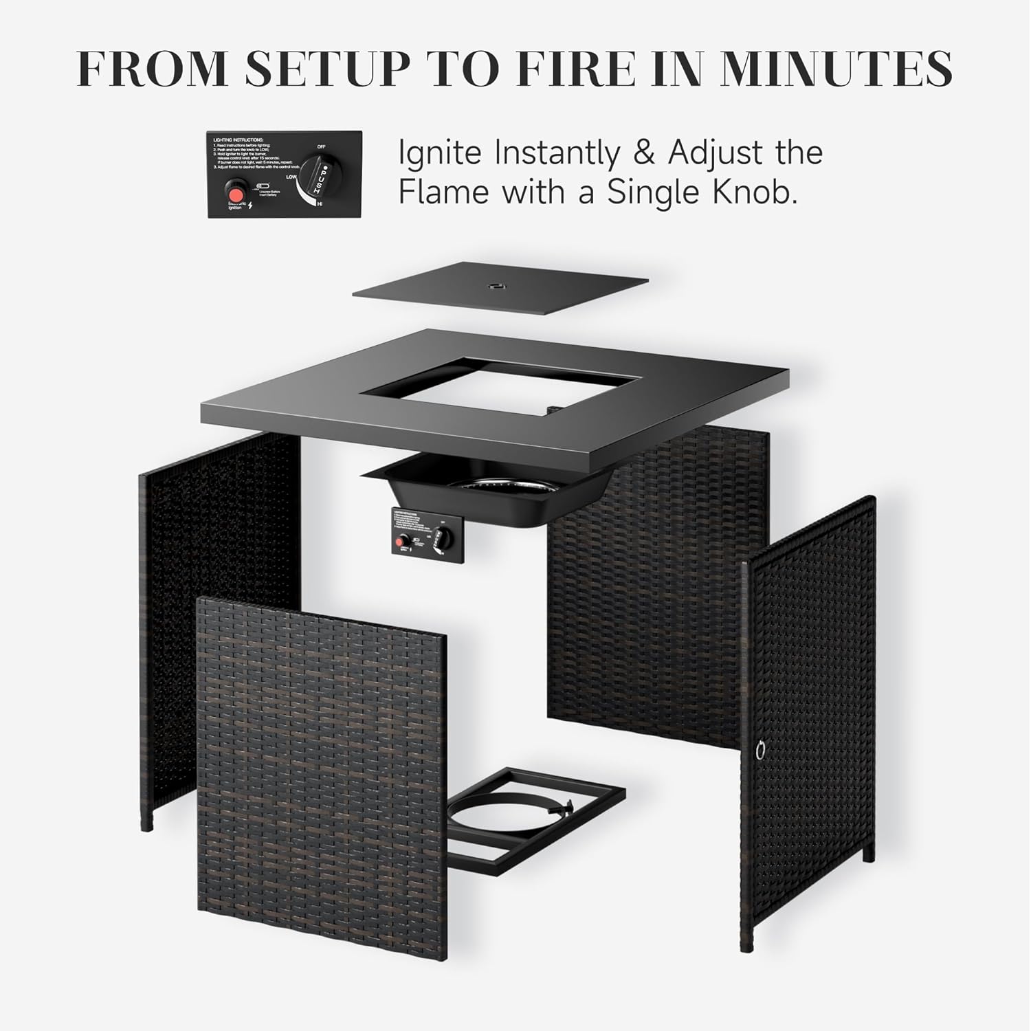 Propane Outdoor Fire Pit Table – 29'' Rattan Wicker Fire Table with Adjustable Flame, 50,000 BTU Gas FirePit, Easy Push-Turn Ignition, Clean Smokeless - for Patio, Garden & Backyard, Brown