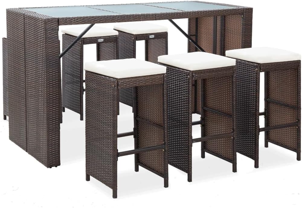 7 Piece Patio Bar Set with Cushions Poly Rattan Brown,Elegant Poly Rattan 7Piece Outdoor Bar Set with Cushions for Patio, Garden or Terrace Patio Furniture Sets, Outdoor Furniture Sets