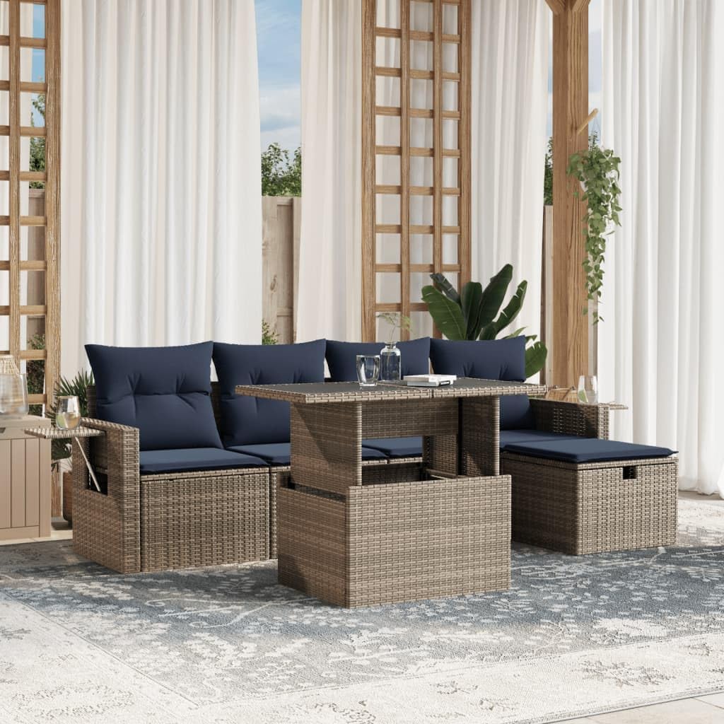 6 Piece Grey Poly Rattan Garden Sofa Set with Cushions, Modular Outdoor Patio Furniture, Adjustable Dining Table, UV-Resistant Backyard Seating