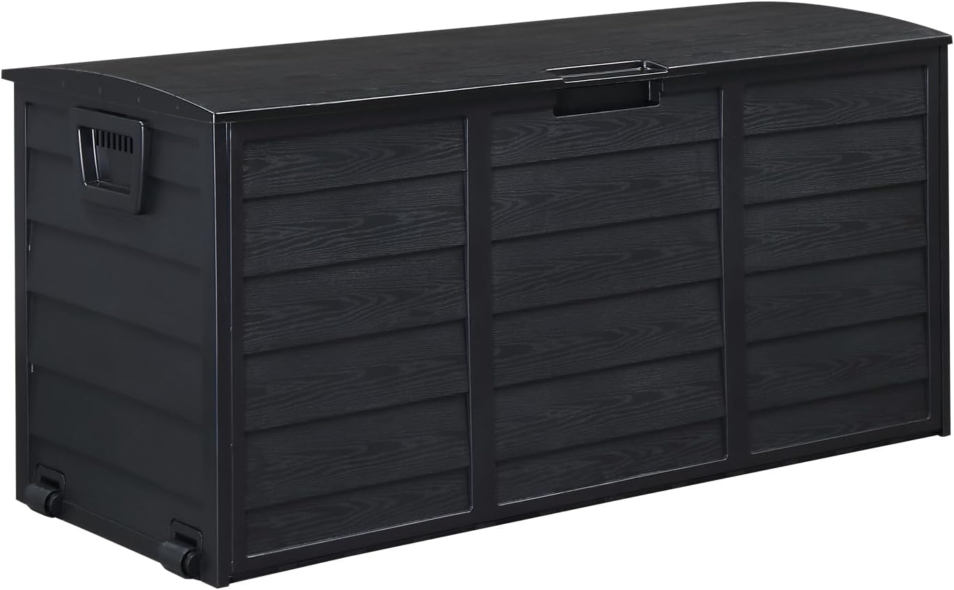 SSLine Outdoor Storage Deck Box, 75 Gallon Capacity Plastic Patio Garden Tool Organizer with Wheels, 44 x 19.3 x 21.3 inches (Whole Black1)