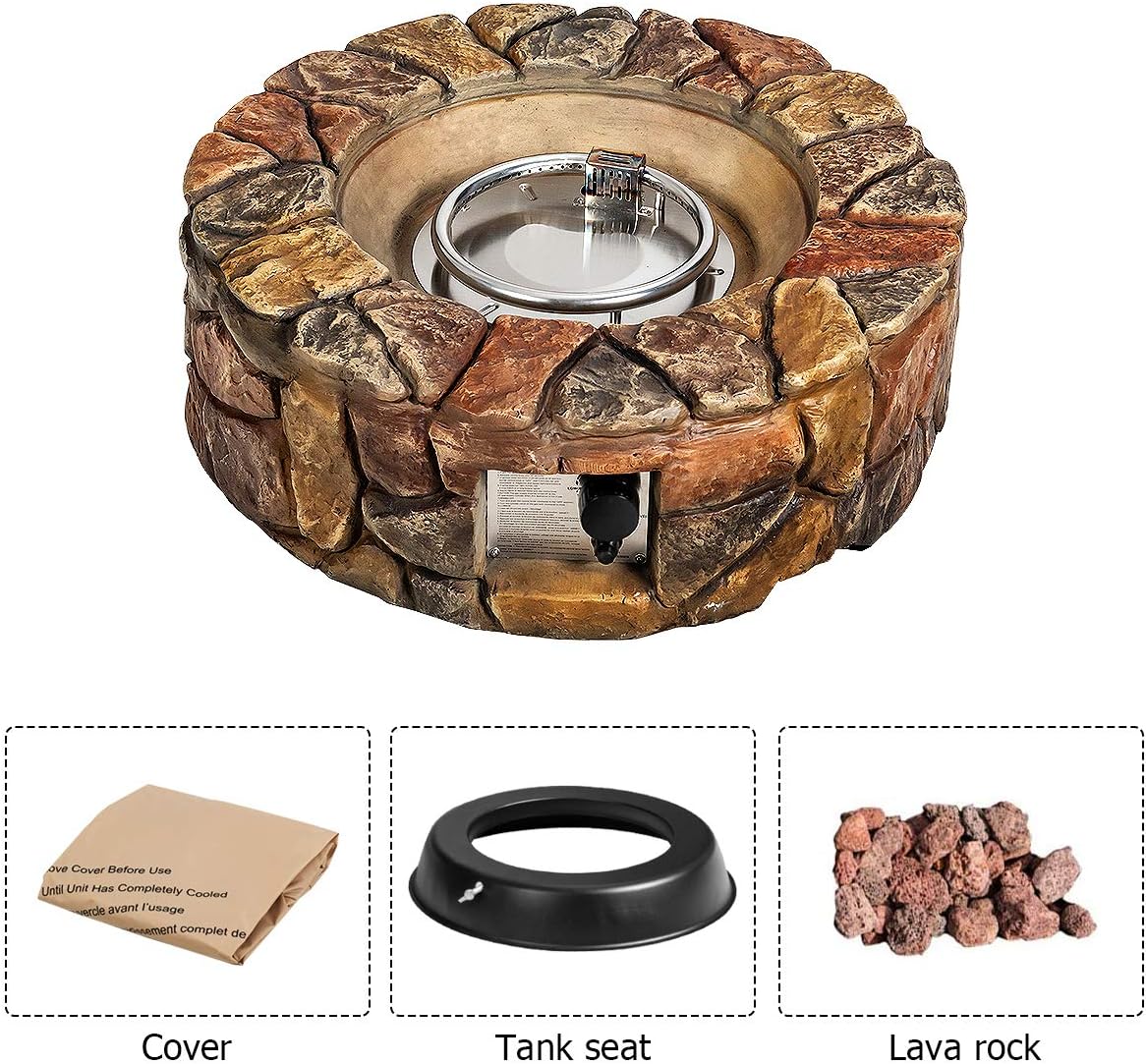 Giantex Gas Fire Pit, 28 Inch 40,000 BTU Propane Fire Pit Outdoor w/Natural Stone, Cover, ETL Certification, Stainless-Steel Gas Burner w/Electronic Ignition Lava Rock (Brown)