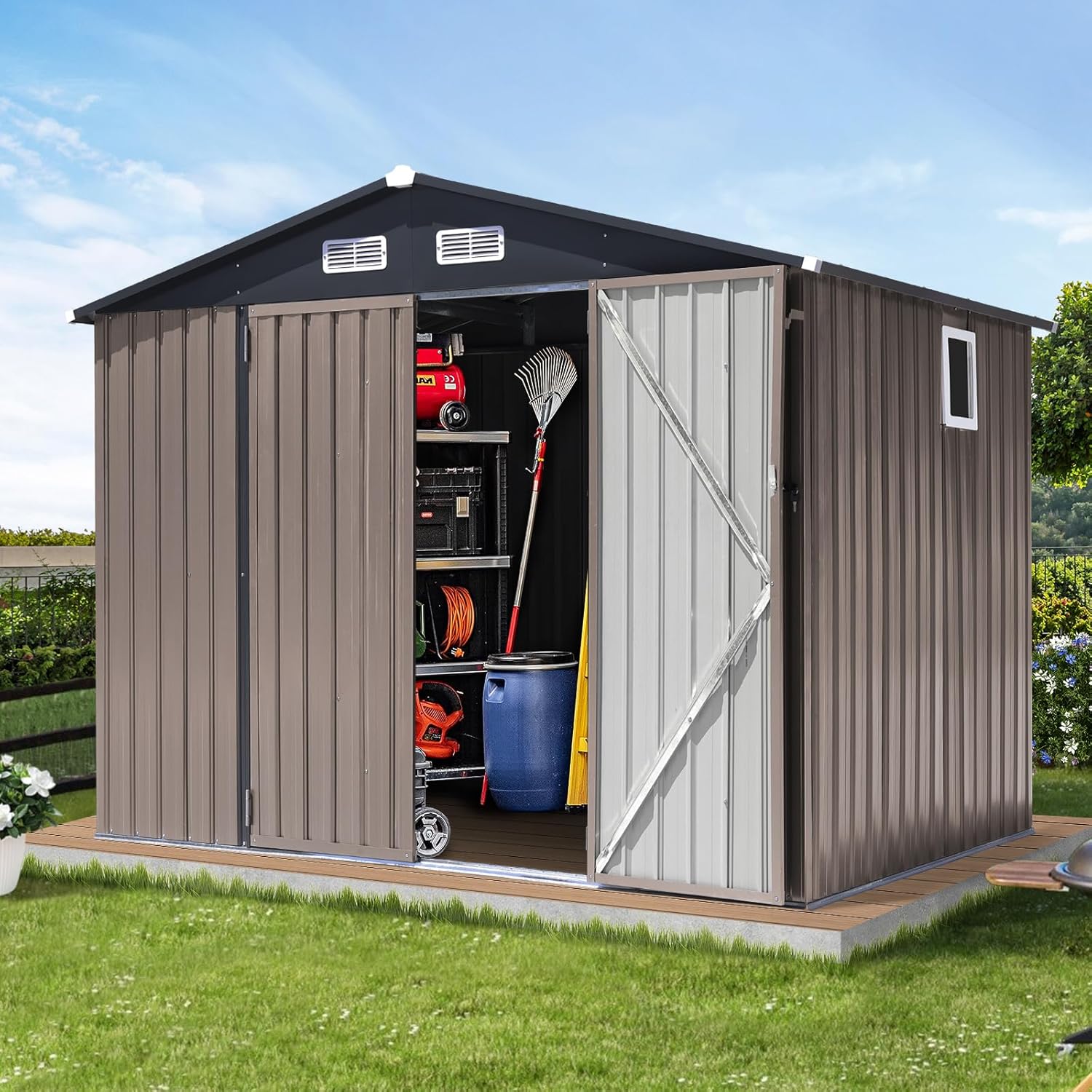 Verano Garden 8'x6' Outdoor Storage Shed, Galvanized Metal Steel Garden Shed with Upgrade Window, Double Door W/Lock, Bike Storage for Backyard, Patio, Lawn (96.85