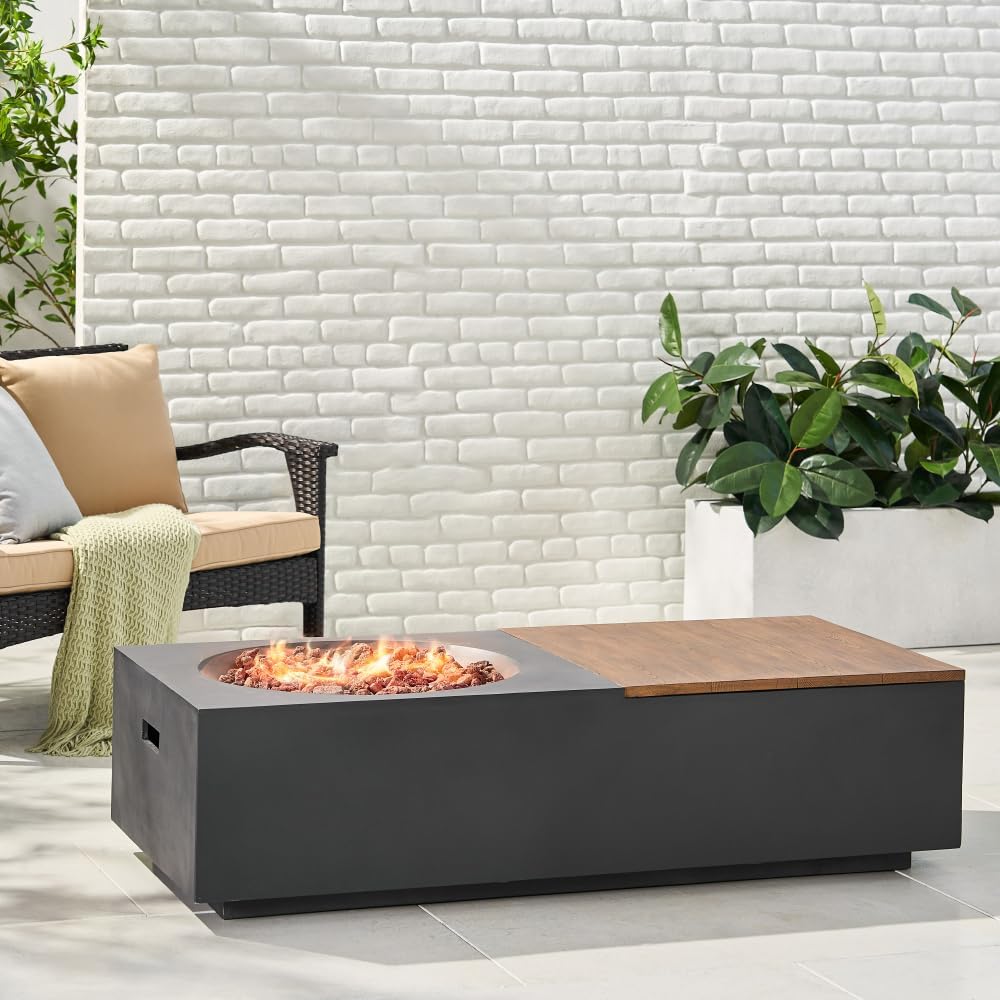 Outdoor 50,000 BTU Lightweight Concrete Fire Pit Table with Removable Top and Storage Compartment for Patio or Garden Use