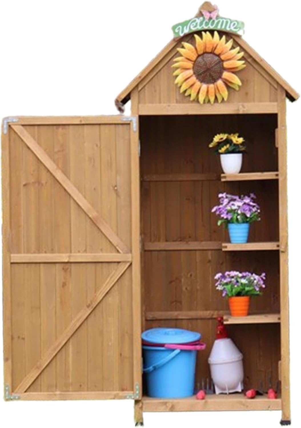 Waterproof Outdoor Sheds, Wooden Tool Storage Shed W/Detachable Shelves & Pitch Roof & Shutter Vents, Tall Vertical Tool Storage for Lawn Care Equipment (Wood Color 30.3 * 21.4 * 70.4in)