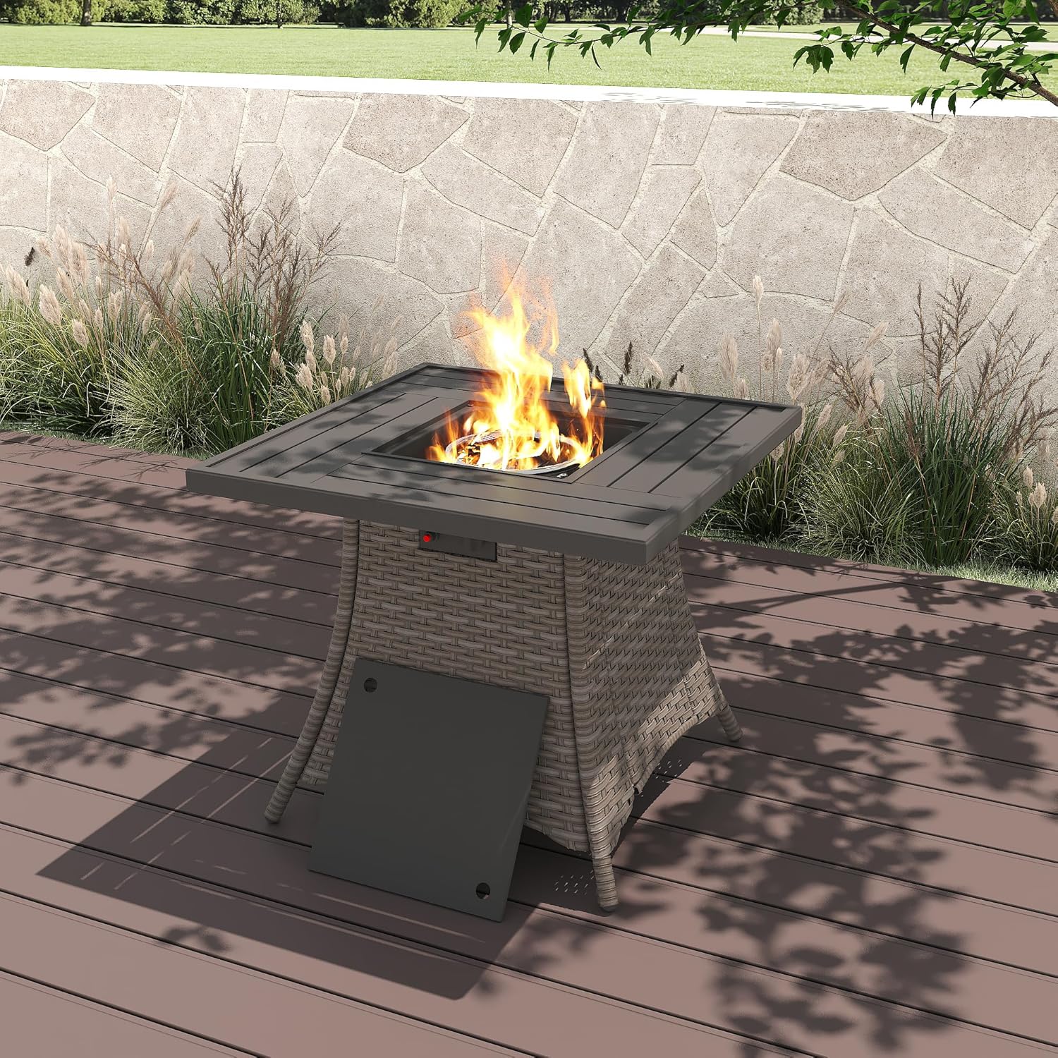 32” Fire Pit Table, 50,000 BTU Outdoor Wicker Patio Propane Firepit, 2 in 1 Propane Fire Pit for Patio, Deck, Backyard