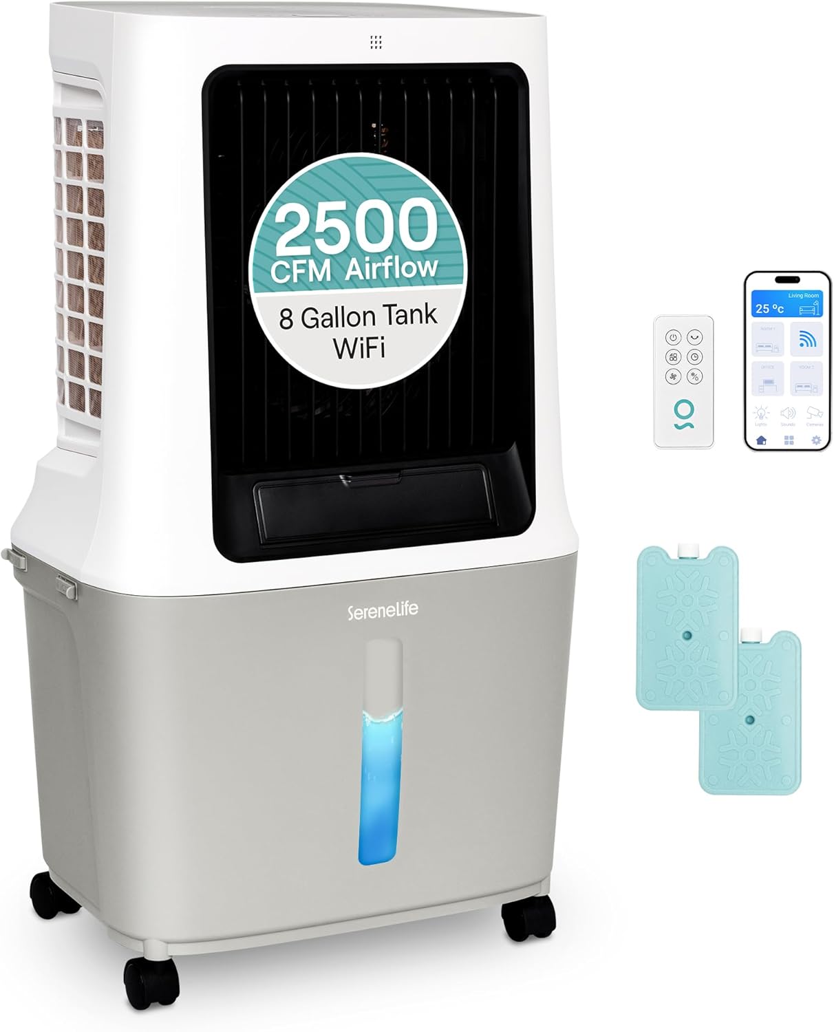 SereneLife Portable Swamp Cooler Air Conditioner - 2500 CFM Airflow, 8 Gallon Water Tank Portable Evaporative Air Cooler for Room & Outdoors, WiFi, Humidifier & Fan Modes, Ice Packs & Remote Included
