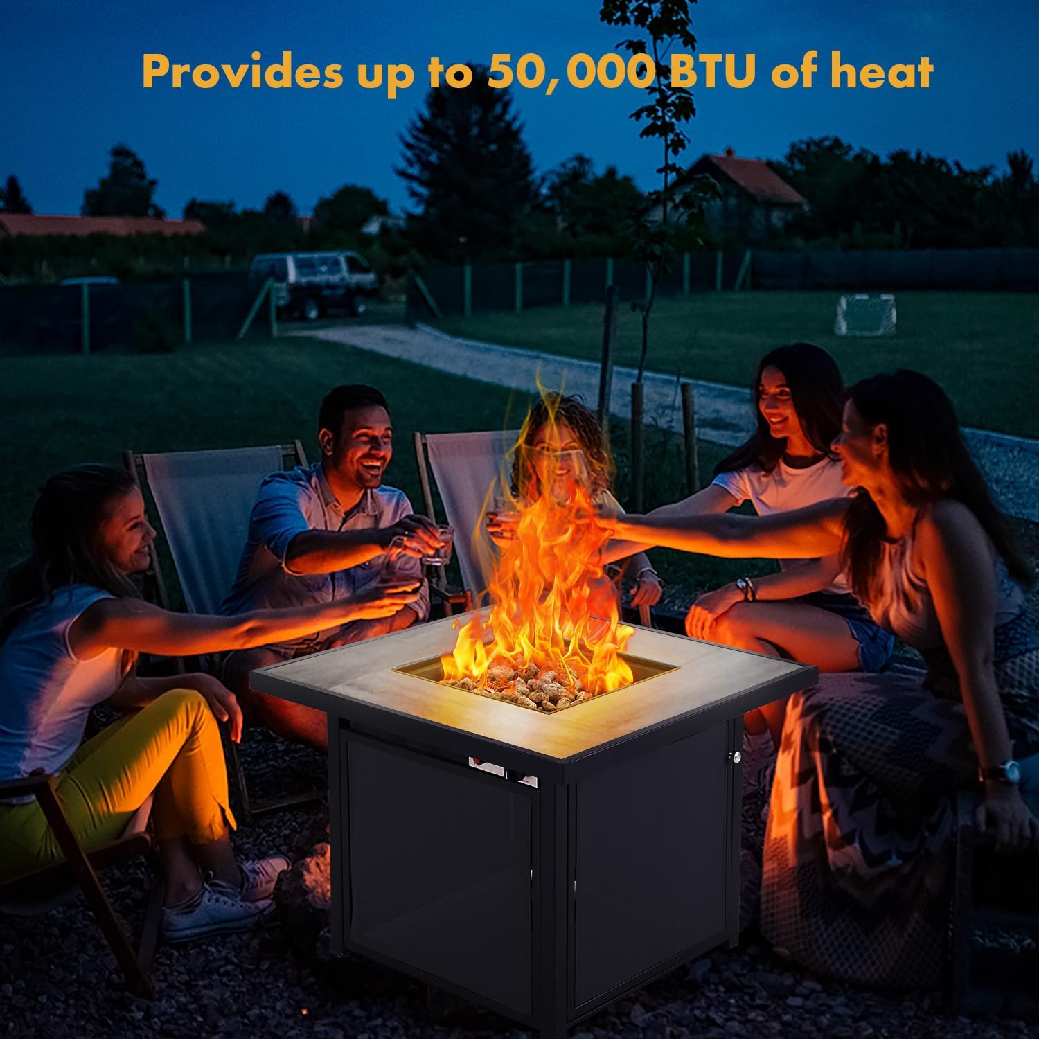 Propane Fire Pit Table, 32 Inch Square Outdoor Gas Fire Pits Clearance 50,000 BTU with Ceramic Tile Tabletop, Removable Lid, Lava Rocks for Outside Patio, Garden, Deck, Yard…