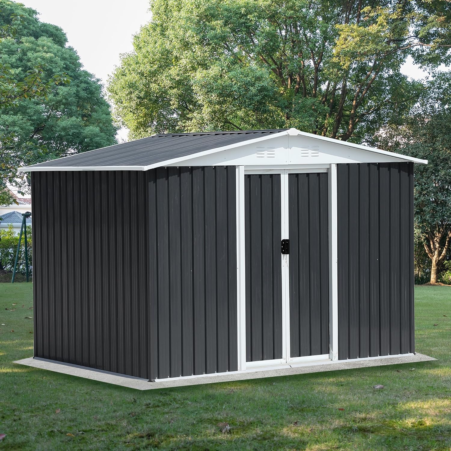 MyVoice Outdoor Storage Shed 8x6 FT, Dark Grey - Garden Shed with Apex Roof & Sliding Door, Heavy Duty Metal Shed with Aluminum Frame for Backyard, Patio, Tool Storage