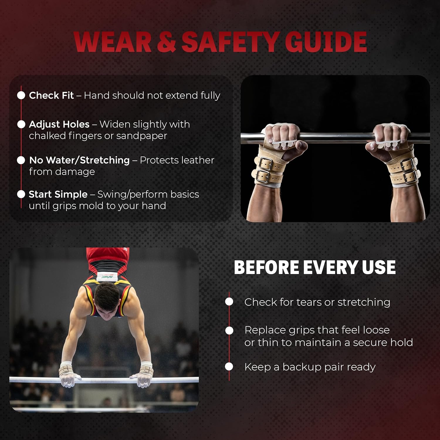 Reisport Men's High Bar Gymnastics Grips - Durable Leather Hand Grips for Gymnastics Bars Men & Boys - Gymnastics Equipment & Accessories for Advanced Gymnasts