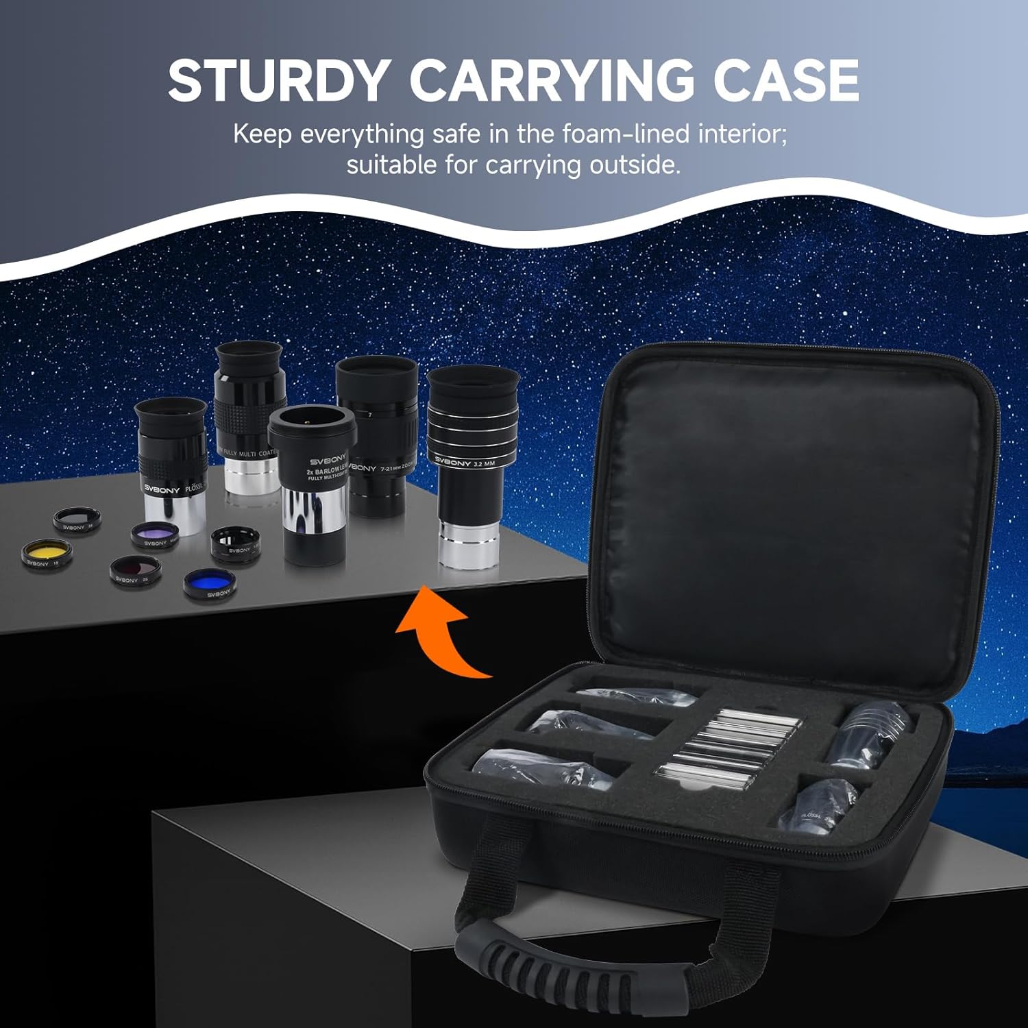 SVBONY SV233 12 Piece Telescope Accessory Kit 3.2mm Ultra-Wide Angle Planetary Eyepiece, SPL25/32mm Eyepieces 7-21mm Zoom Eyepiece, 2X Barlow Lens, LRGB Filters Moon Filter Variable Polarizer Filter