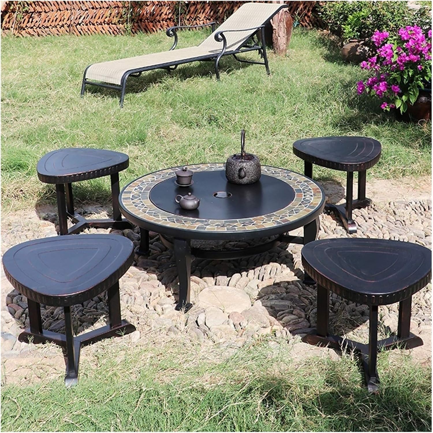 Fire Pits Outdoor Round Outdoor Wood-burning Fire Bowl, Portable Campfire Pit, 86cm Large Garden Barbecue Table, with 4 Stools