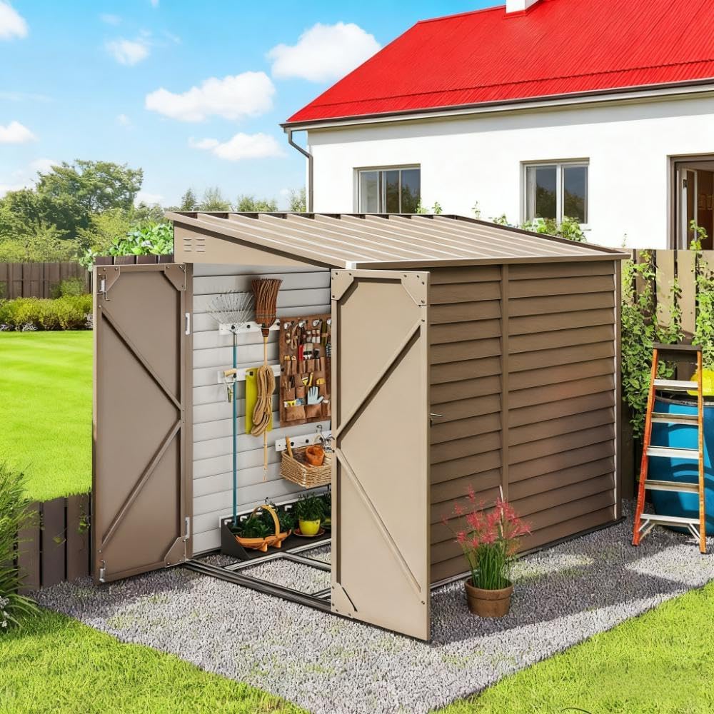 Outdoor Storage Shed Waterproof Metal Garden Tool Bike Sheds Kit, Lean-to Shed Backyard Storage Building Cabinet for House Yard,Brown 1
