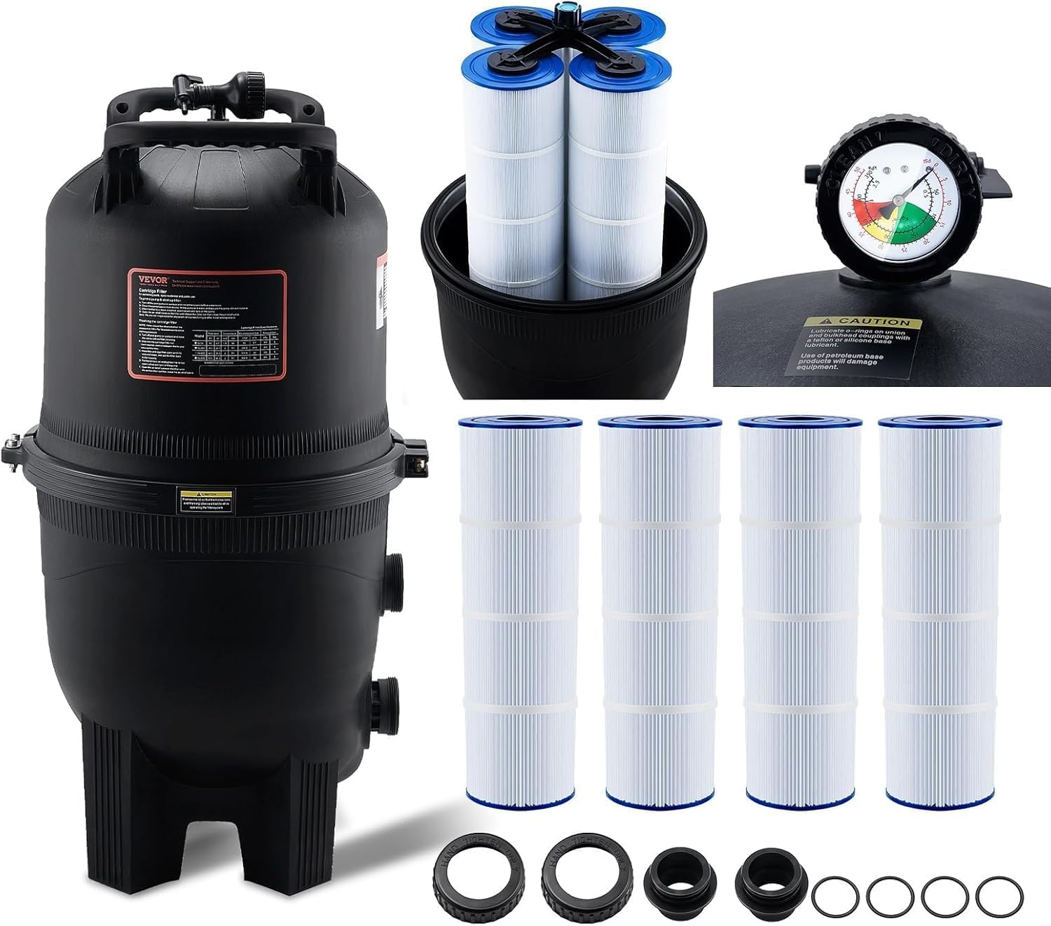 VEVOR 2025 Pro Cartridge Pool Filter Tank & Element for Above Ground & Inground Pools, Large 520-525Sq. Ft Cleaner System Compatible W/Pumps 1 to 3 HP| Up to 15311 GPH |for Pools Up to 122490 Gallons