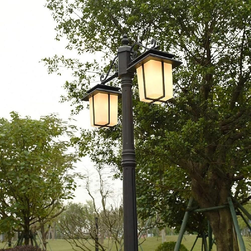 Garden Floor Lamp 2 Lights E27 Black Aluminium Garden Top Pole Lamp Outdoor Column Lamp Waterproof Landscape Lighting Villa Decor Lawn Post Pillar Lantern Mounting Lamp Decoration