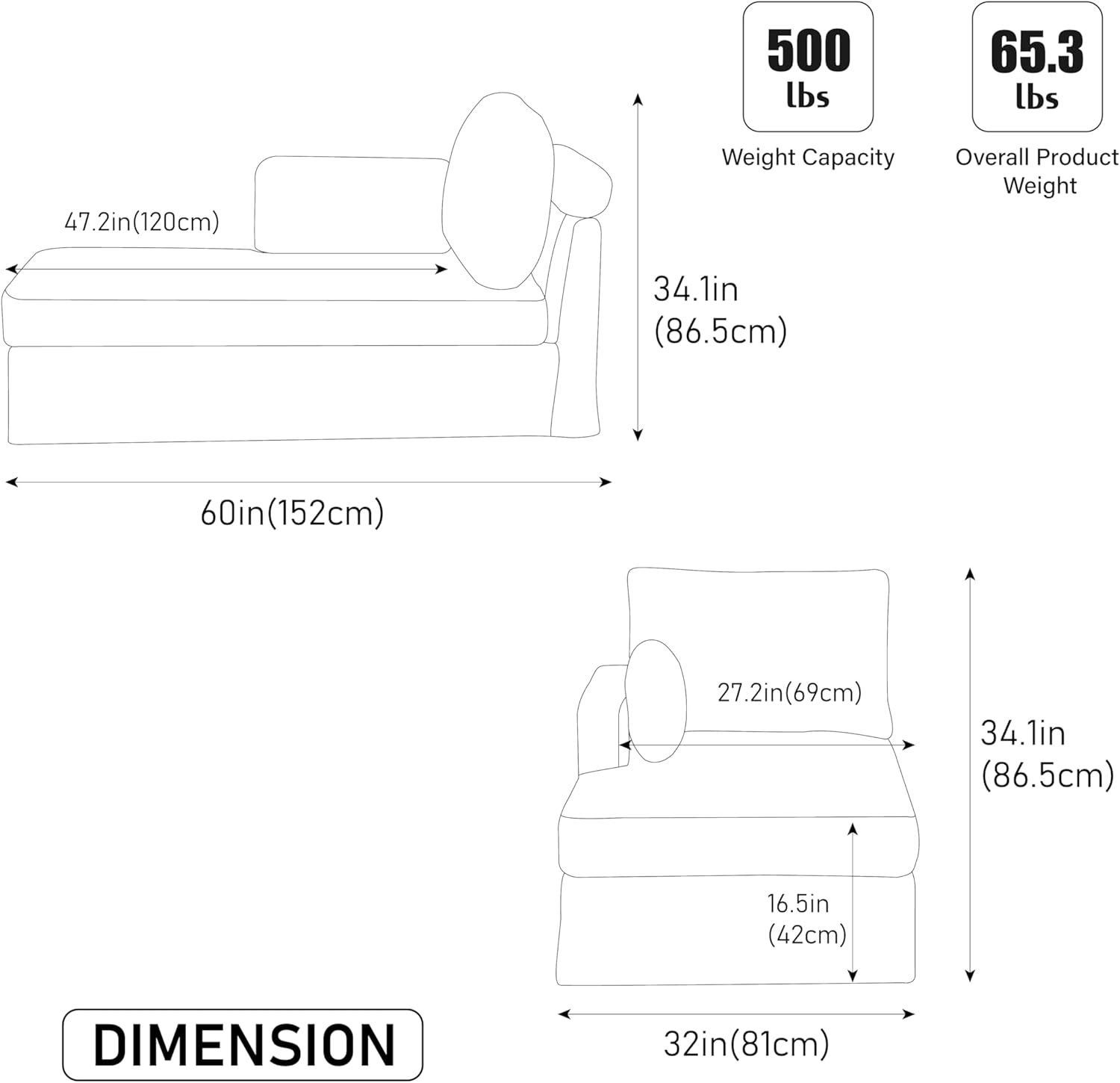 Modular Chenille Sofa Bed, 31.89