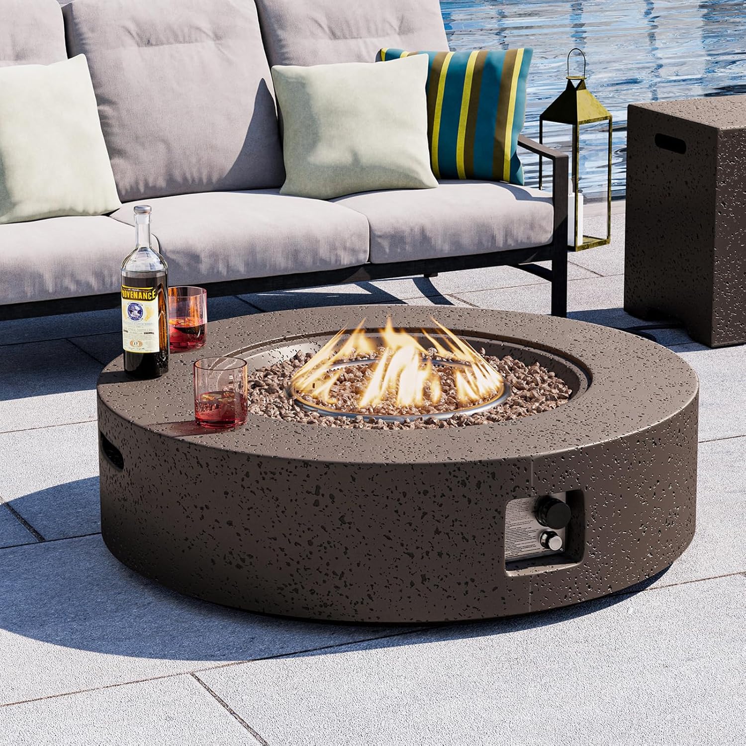 42 inches Round Propane Outdoor Fire Pit, Gas Patio Fire Table 50,000 BTU Concrete Travertine Design, Circular Base Firepit with Lava Rocks, Waterproof Cover (Brown)
