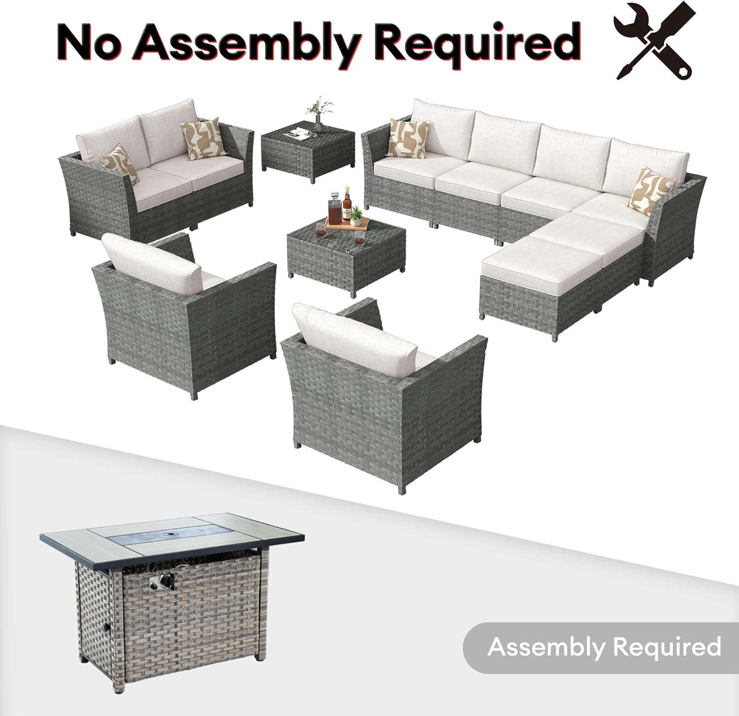 Patio Furniture Set with Propane Fire Pit Table, 13 Pieces PE Wicker Outdoor Conversation Set Sectional Sofa for Casual Gathering (Bold Stripe, Beige)