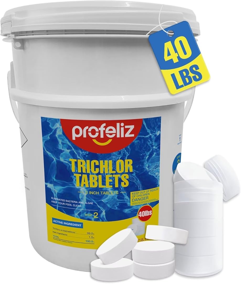 PROFELIZ Pool Chlorine Tablets 3 Inch, Slow-Dissolving Spa Sanitizer Eliminate Bacteria Algae Stabilized Chlorine for Swimming Pools Hot Tubs Spa Treatment (40lbs)