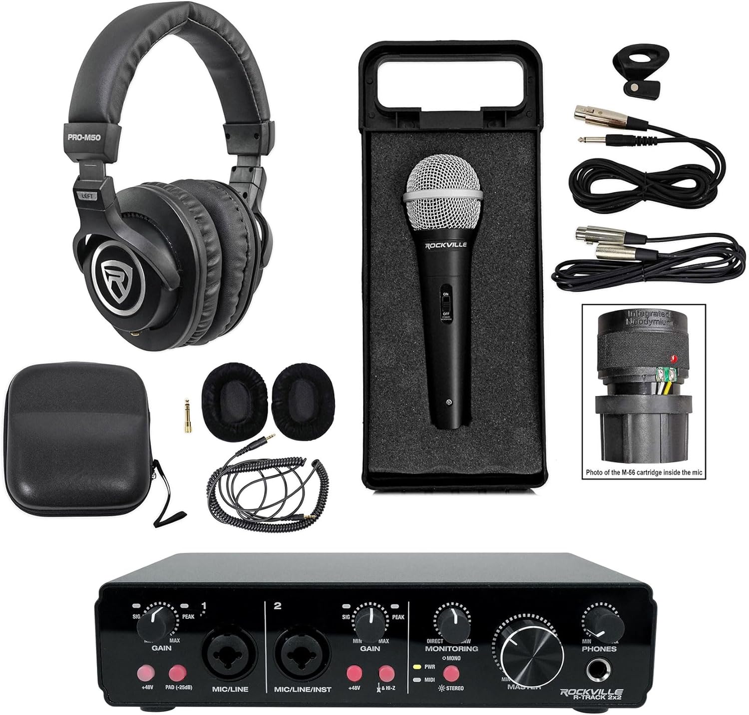 Rockville Podcasting Bundle: R-TRACK 2x2 USB Recording Interface 24-Bit 192kHz, RMC-XLR Dynamic Metal Handheld Microphone, PRO-M50 Studio Headphones w/Detachable Cable, 3-items