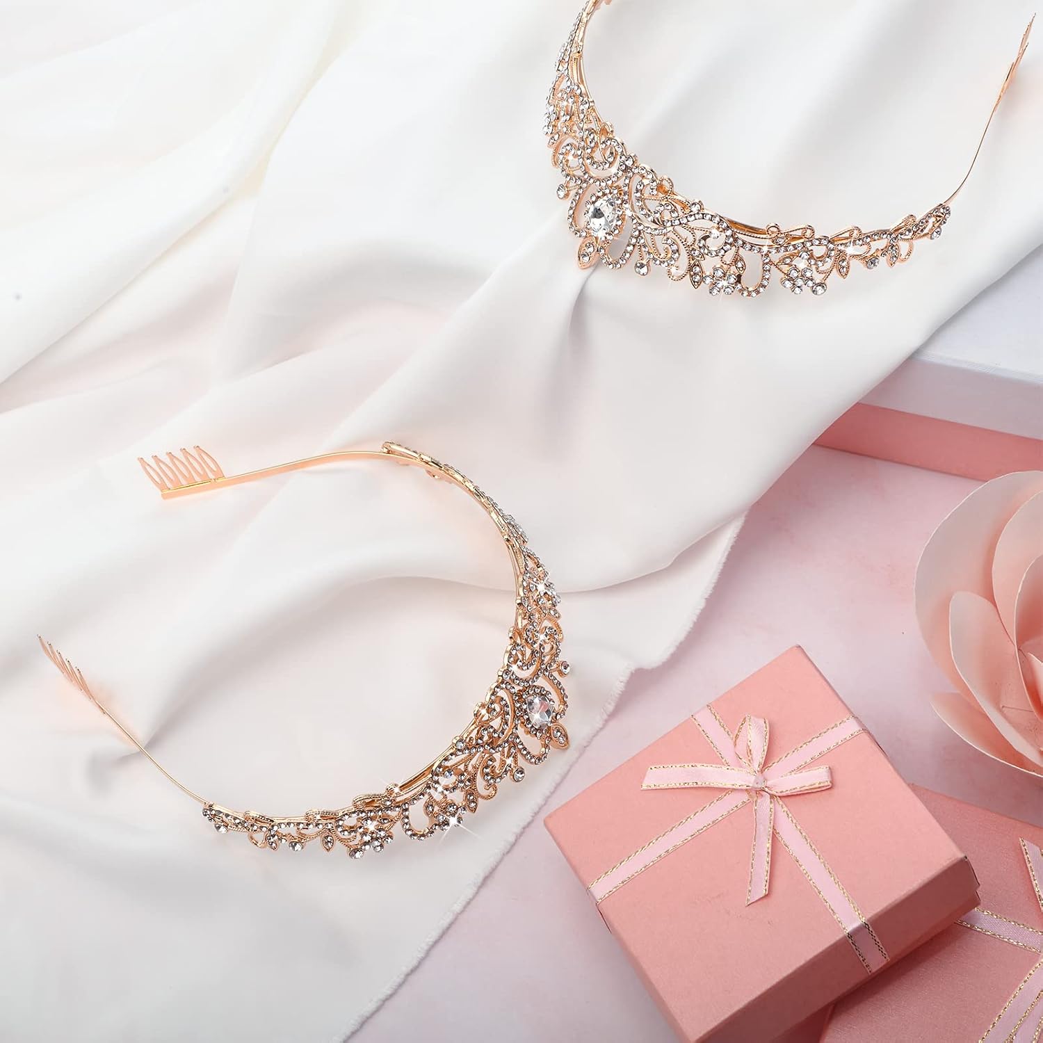 Tigeen 20 Pcs Crystal Tiara Crowns Princess Crown for Women Crown with Combs Rhinestone Princess Tiara Bride Crown for Birthday Party Bridal Wedding Prom Hair Accessories(Rose Gold)