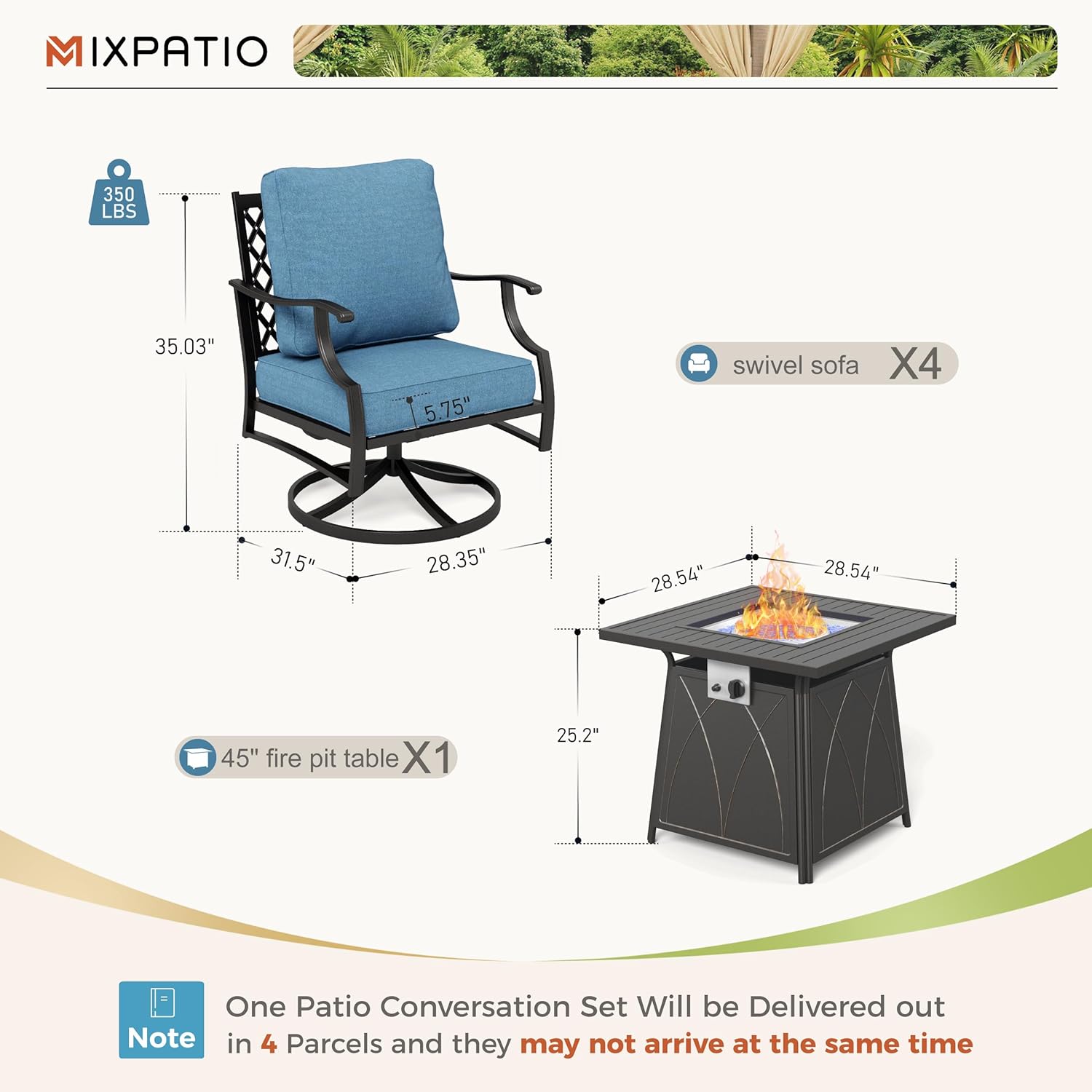 Patio Furniture Set with Fire Pit Table, 5 Pcs Metal Outdoor Conversation Set, 4 Swivel Chairs with 5.75