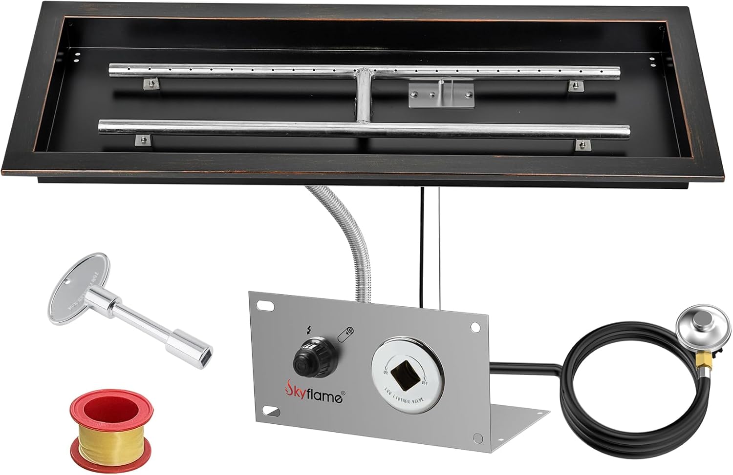 Skyflame 30 x 10 Inch Rectangular Fire Pit Pan Kit, Black Drop-in Fire Pit Pan and Burner, Come with Spark Ignition and Propane Hose, Indoor/Outdoor Fire Pit, Fire Table DIY Decorative