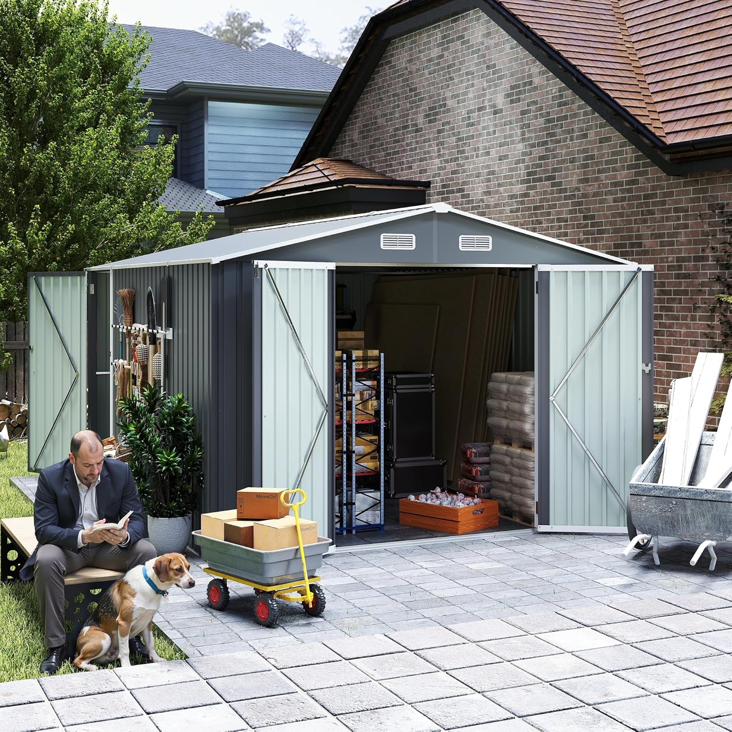 9×11 FT Metal Outdoor Storage Shed with 3 Lockable Doors & 4 Vents, Waterproof Utility Tool Shed with Protective Film and Strong Hinges for Backyard, Lawn, Patio,Dark Grey