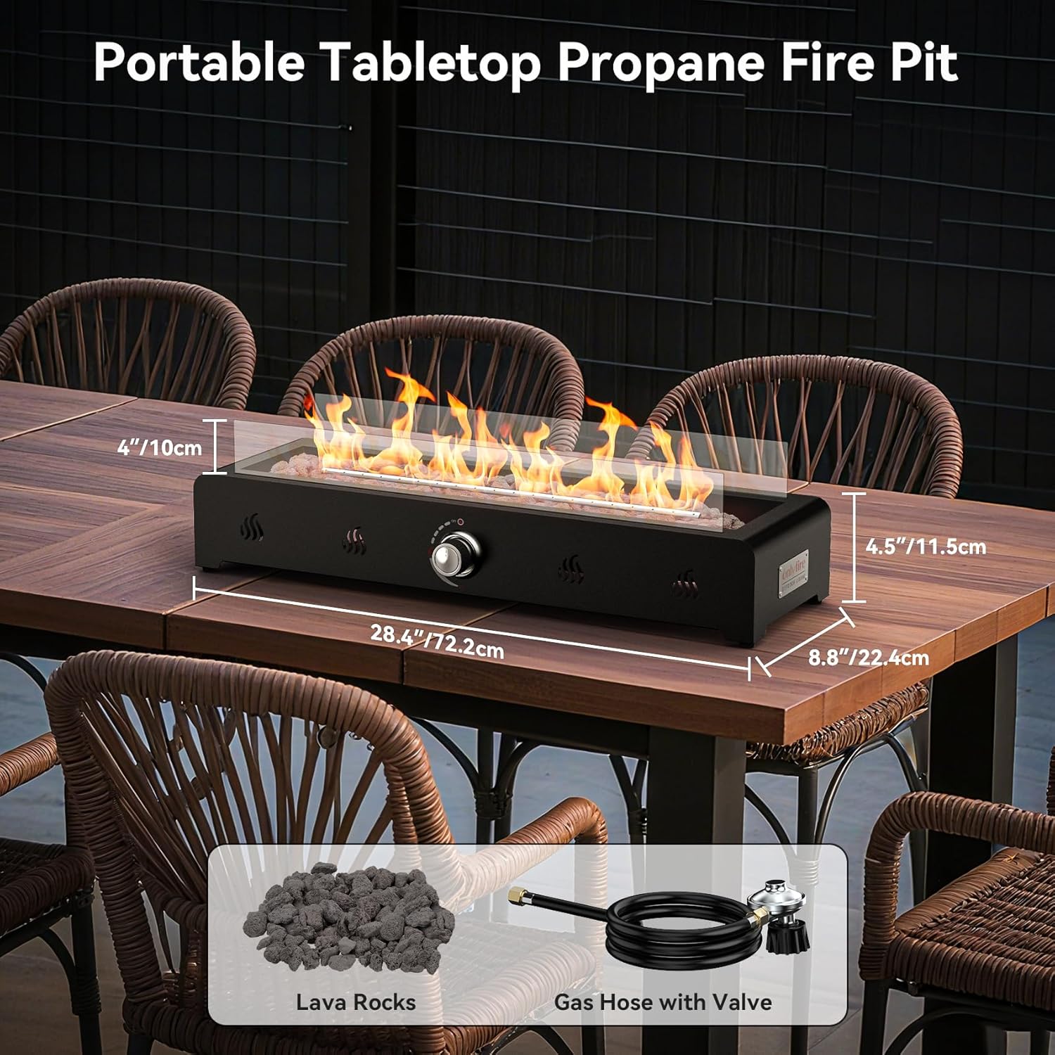 Onlyfire 28'' Tabletop Fire Pit, Outdoor Propane Gas Firepit Side-Mounted for Most Tables, Glass Wind Guard and Lava Rock, Rectangular Smokeless Fire Table Top Fireplace