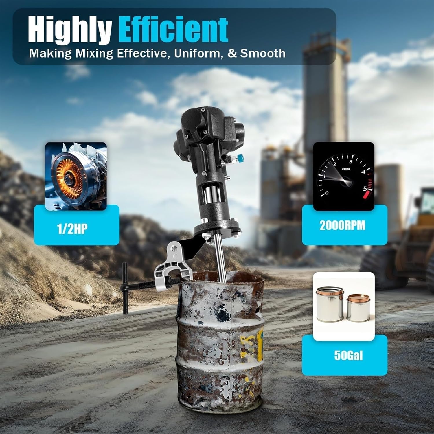 50 Gallon Pneumatic Paint Mixer, Clamp Mount Tank Barrel Drum Mixe, Pneumatic Automatic Mixer Machine, Torque 0-64N.m, Speed 2500RPM, for Ink Coating Mixing Tool