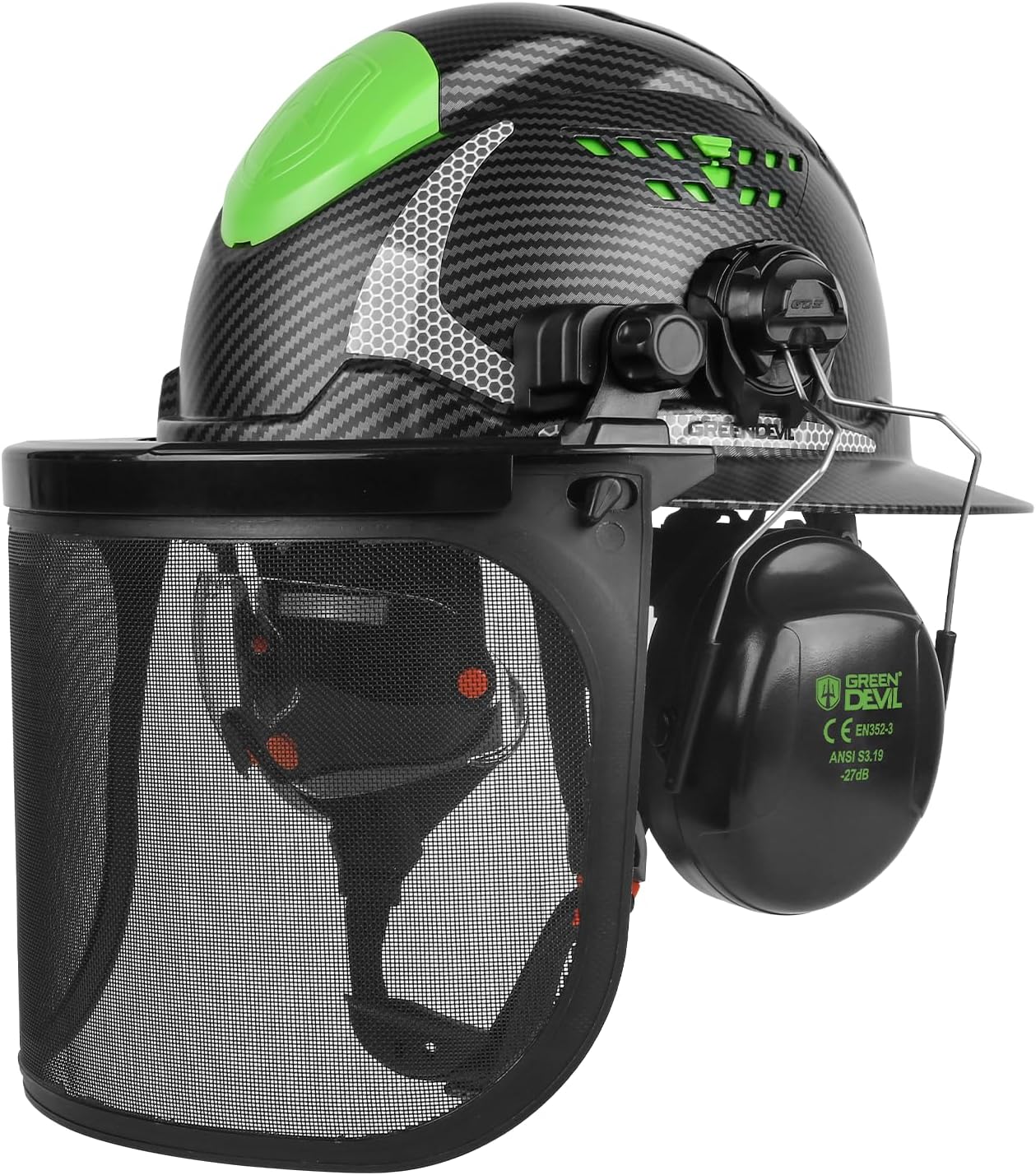 GREEN DEVIL Industrial Chainsaw Helmet with Face Shield Built in Visor and Ear Muffs 4 in 1 System ANSI Z89.1 Safety Hard Hat Adjustable Headgear Ideal for Forestry and Arborist Work Full Brim Style