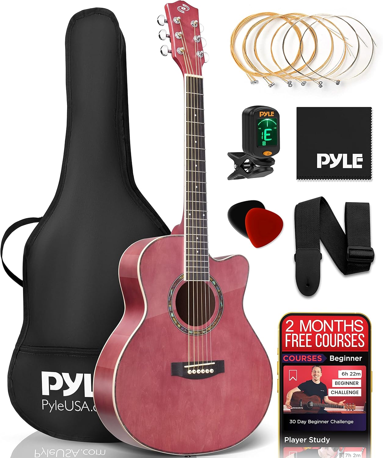 Pyle Acoustic Guitar Kit, 3/4 Junior Size All Wood Steel String Instrument for Beginner Kids, Adults, 36” Mauve