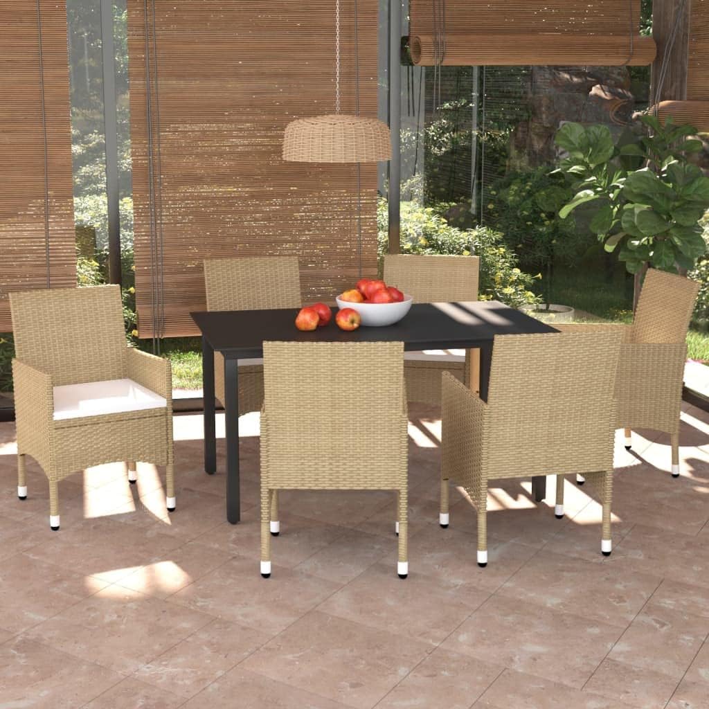 7 Piece Patio Dining Set with Cushions Poly Rattan Beige Garden Furniture