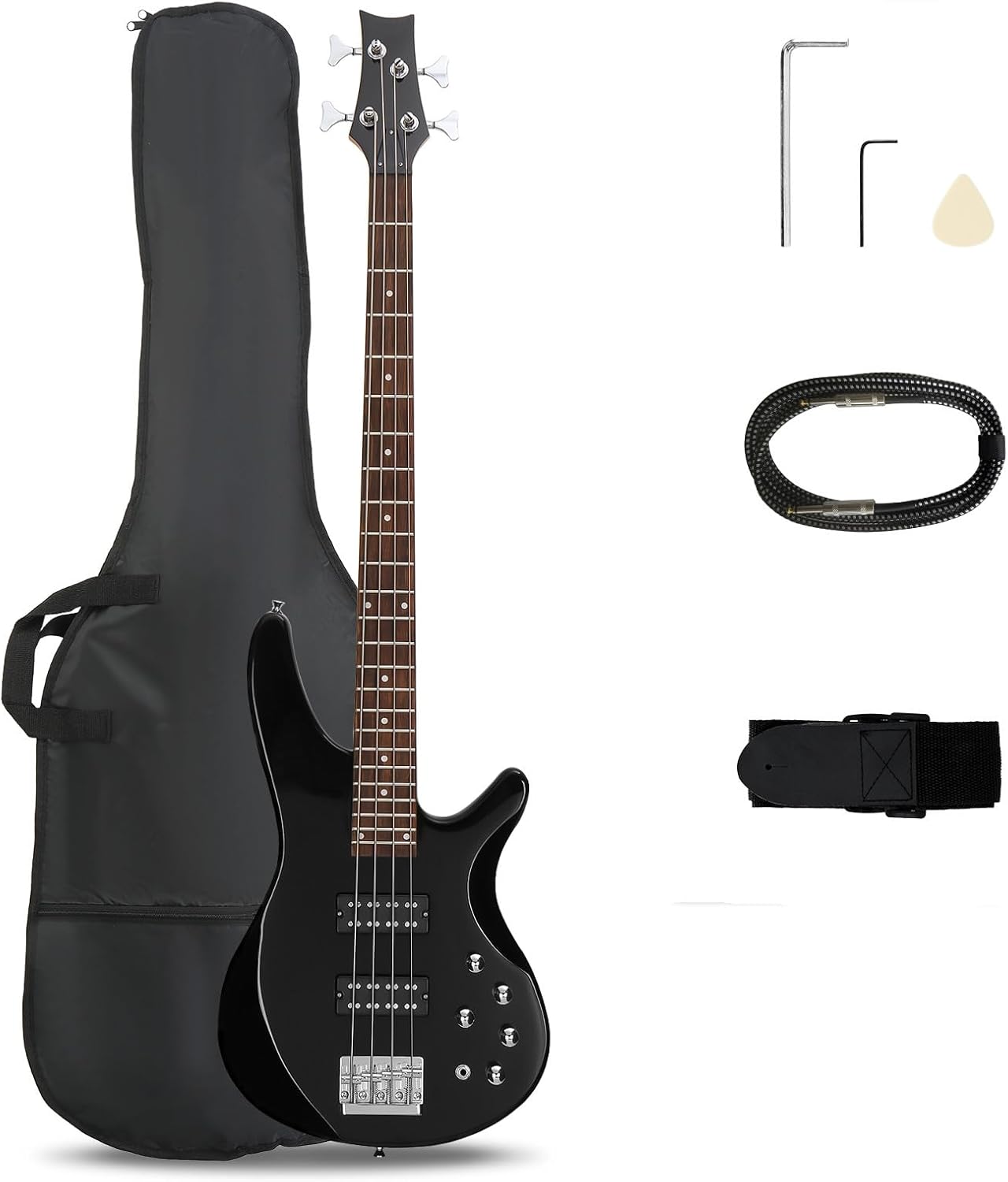 Ktaxon 4 String Electric Bass Guitar, Full Size Standard Right Handed Rosewood Fingerboard Beginner Kit with Cable Wrench Tool (Upgraded Black)