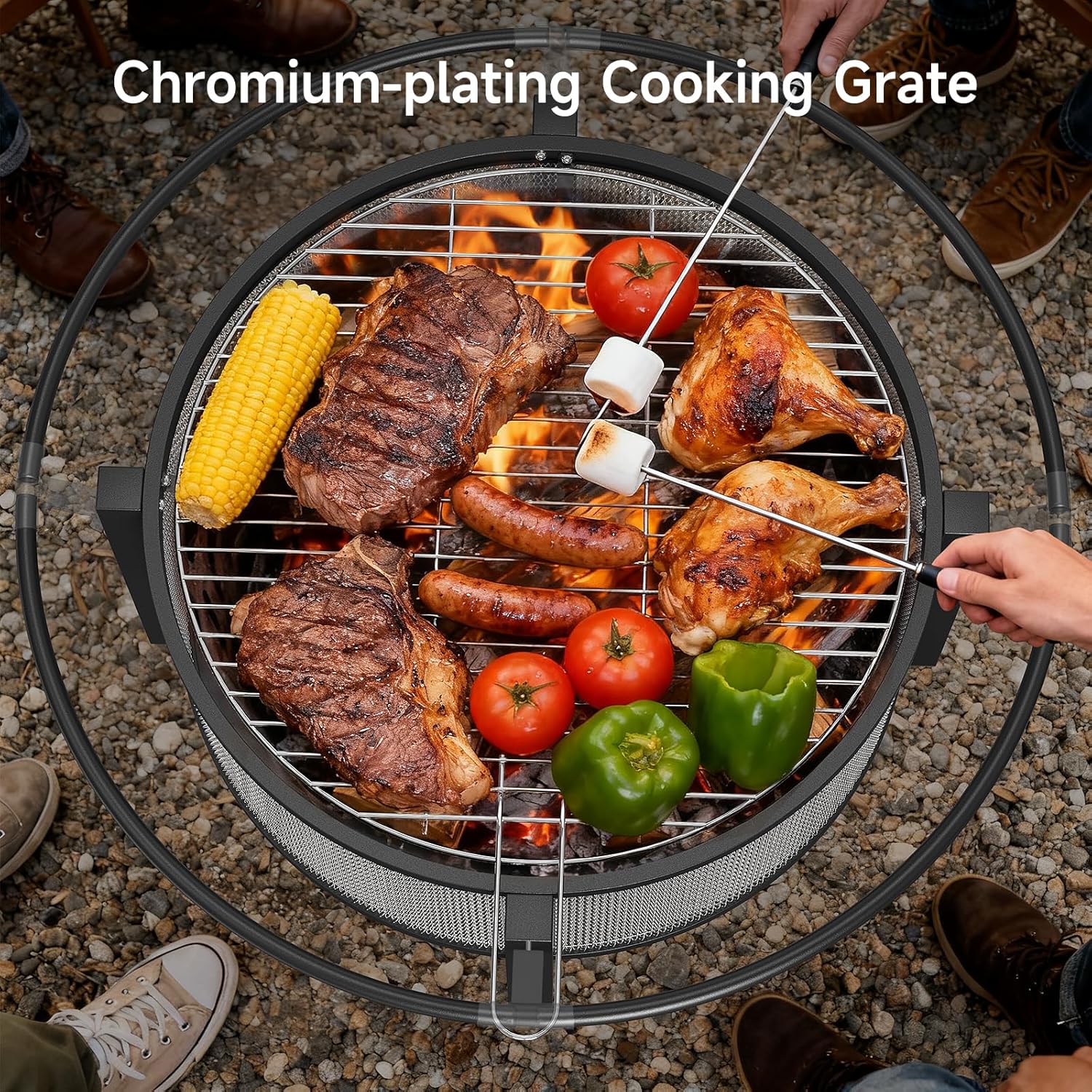 ONBRILL 2-in-1 36 Inch Fire Pit with Cooking Grill, Outdoor Wood Burning Firepit with Poker for BBQ, Bonfire, Picnic, Party, Round Metal Fire Pit for Outside, Backyard, Patio