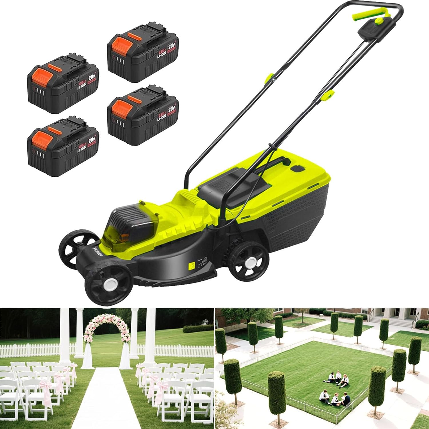 Electric Lawn Mower with 40V 4.0Ah 1600W Batteries, Brushless Cordless Lawn Mower with 30mm/50mm/70mm-Position Height Adjustment, 40L Grass Bag & Charger Included, 50Min Runtime,Battery*4