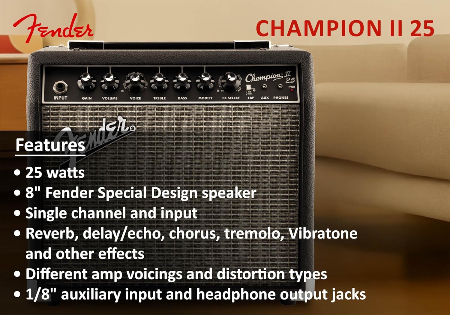 Fender Champion II 25 Watt Guitar Combo Amplifier Bundle with Cable, Austin Bazaar Exclusive 12-Pack Picks, and Instructional Video