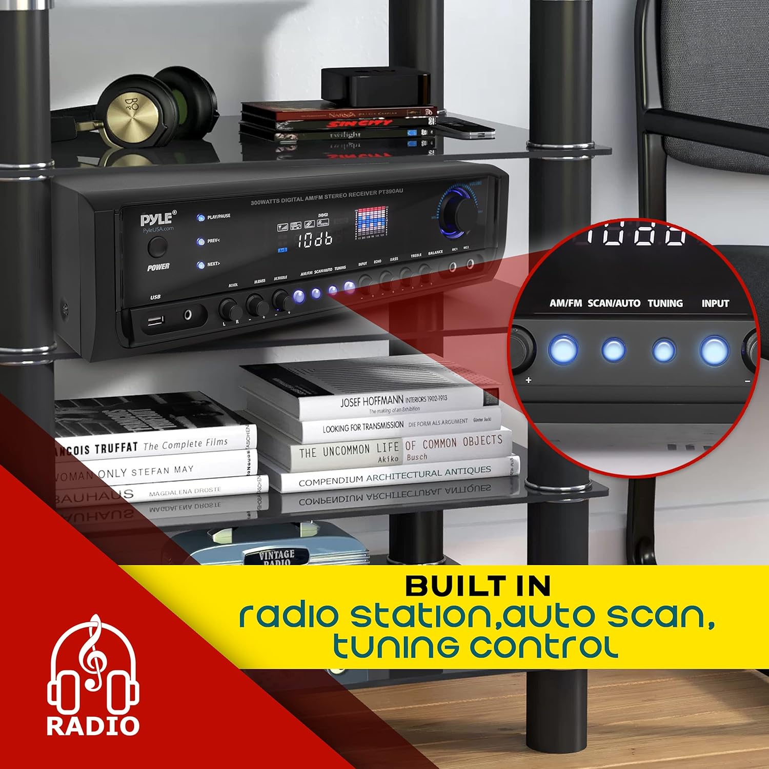 Pyle Home Audio Power Amplifier System - 300W 4 Channel Theater Power Stereo Sound Receiver Box Entertainment w/USB, RCA, AUX, Mic w/Echo, LED, Remote - for Speaker, iPhone, PA, Studio - PT390AU.5