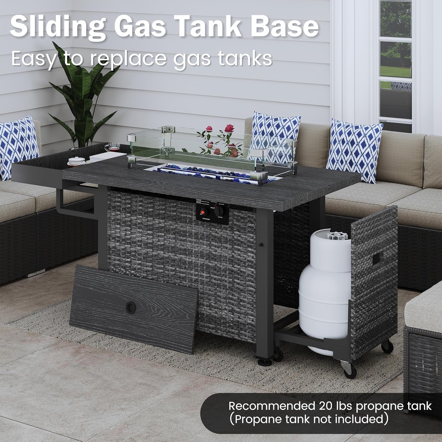 52 Inch Wicker Patio Fire Table, 50,000BTU Propane Fire Pit Table with Glass Wind Guard, Side Basket, Cover, CSA Certified, Outdoor Fire Pit for Garden, Backyard, Balcony, Poolside, Grey