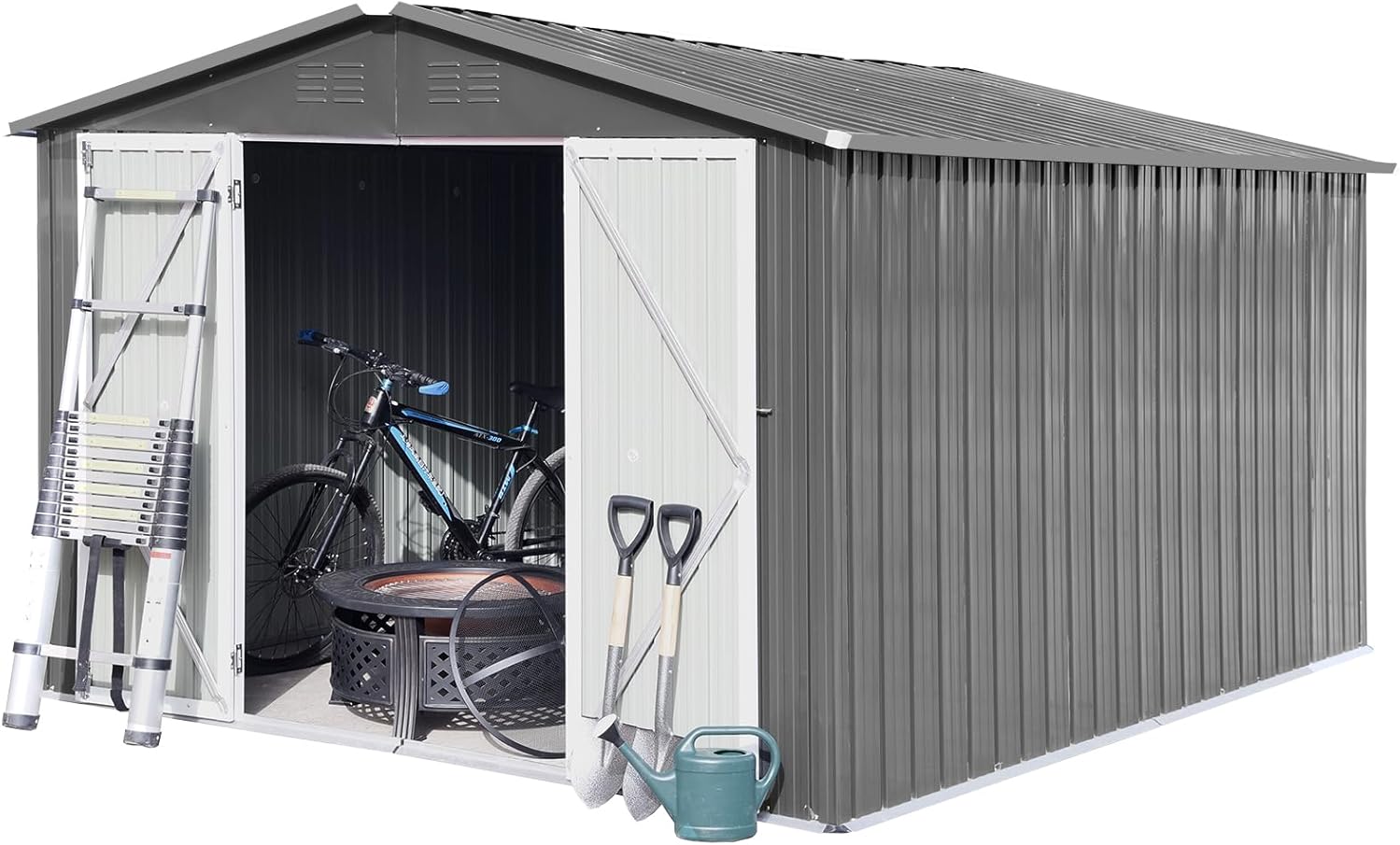 10x12 FT Outdoor Storage Shed, Metal Garden Shed with Lockable Hinged Doors, Large Storage Building with Sloped Roof & 4 Air Vents, Waterproof Outside Tool Shed for Backyard, Patio, Lawn, Gray