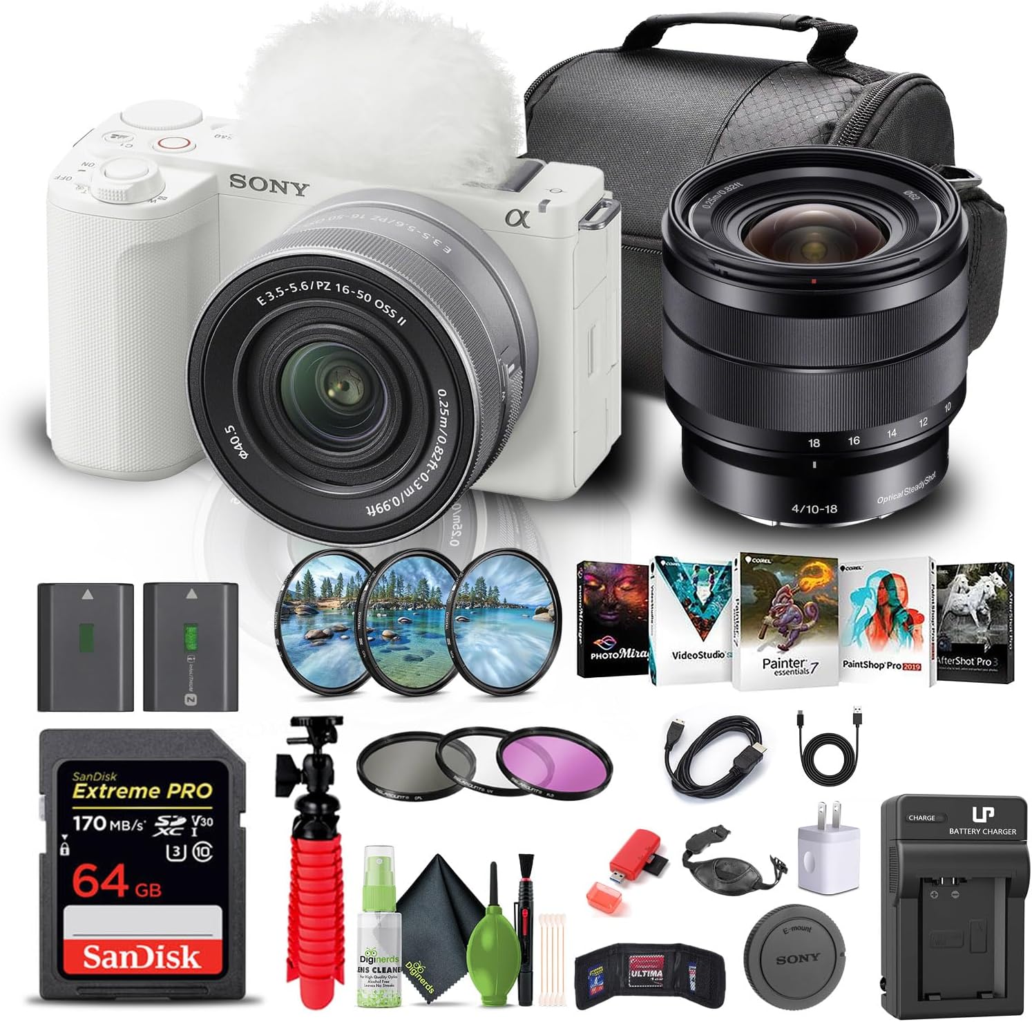 Sony Alpha ZV-E10 II Mirrorless Camera with 16-50mm Lens (White) (ZVE10M2KW) E 10-18mm Lens + 64GB Memory Card + Filter Kit + Photo Software + Bag + NP-FZ100 Battery + Charger + More (Renewed)