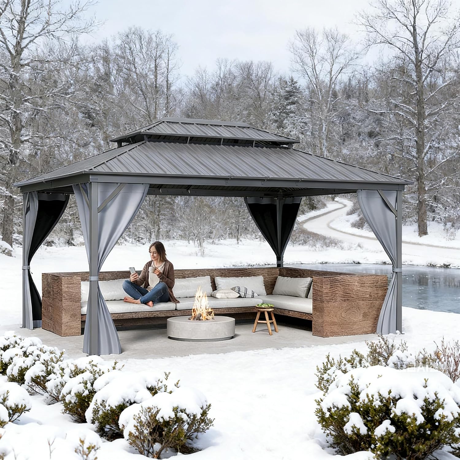 GarveeLife 12x16 ft Permanent Hardtop Gazebo,Double Roof Canopy with Netting and Curtains, Luxury Outdoor Gazebo,2-Tier Hardtop Galvanized Iron Aluminum Frame for Backyard, Patio and Deck,Grey